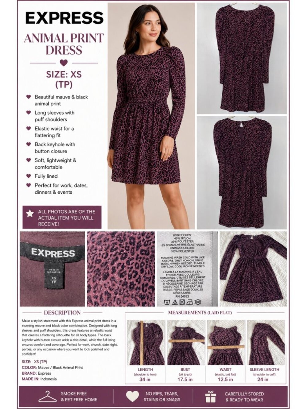 Express XS Mauve & Black Velvet Animal Print Dress | Long Sleeve Lined Mini